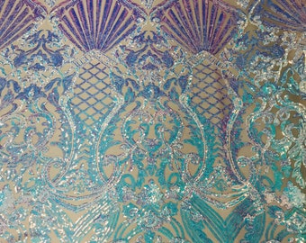 Iridescent Aqua Sequin Damask Fabric - 4 Way Stretch Lace Mesh