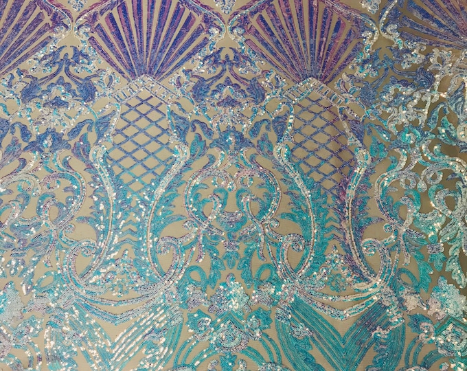 Iridescent Aqua Sequin Damask Selena Design on a 4 Way Stretch Sequin Lace Mesh - Prom Gala Gown Fabric By Yard
