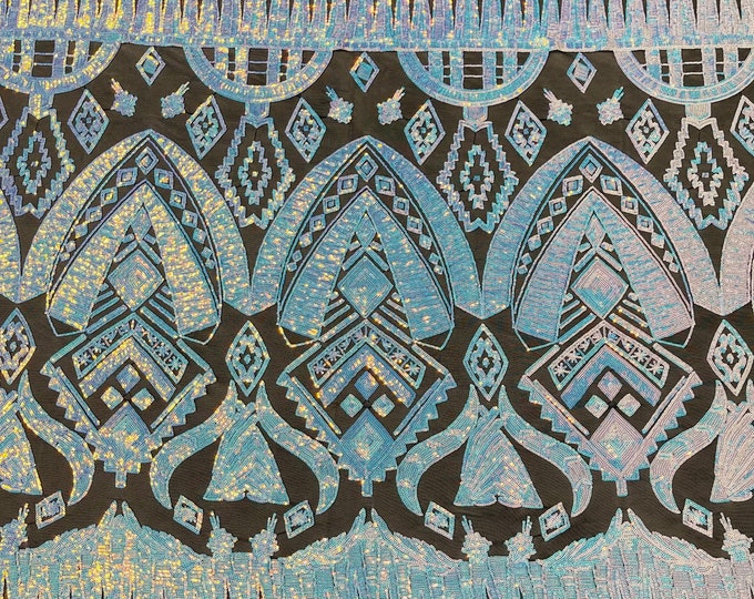 Aqua/Blue Iridescent Sequin Aztec Multi-Color Design 4 Way Stretch Embroidery With Sequin Mesh Fabric by Yard