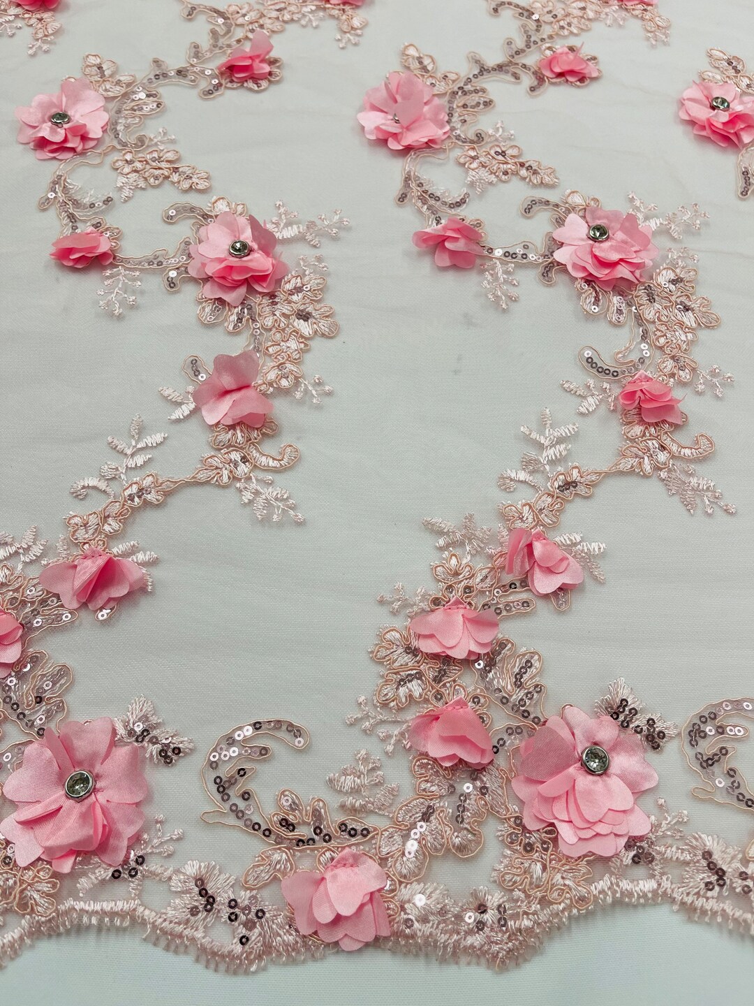 Pink 3D Floralflower Lace Fabric by the Yard Embroidered With Sequins