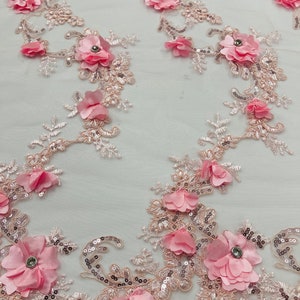 Pink 3D Floral-Flower Lace Fabric | by the yard | Embroidered With Sequins & Rhinestone 3D Flower| Lace Floral | Bridal Wedding