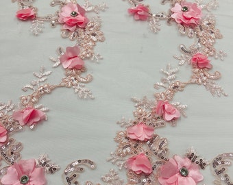 Pink 3D Flower Lace Fabric: Embroidered Sequins & Rhinestones, Bridal Wedding Lace
