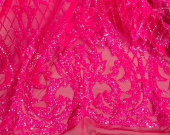Iridescent Hot Pink Sequin Damask Fabric, 4-Way Stretch Mesh, Prom Gown, By The Yard