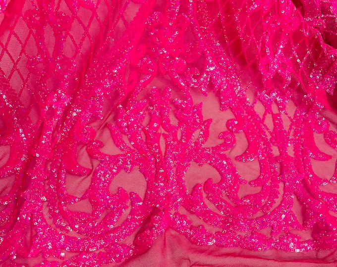 Iridescent Hot Pink Sequin Fabrics, Damask Design 4Way Stretch Embroidery With Sequin on a Mesh-Prom-Gown By The Yard