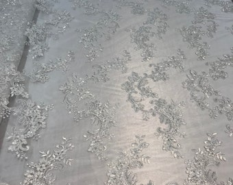White Floral Lace Fabric: Embroidered Sequins Mesh, Bridal Gown Fabric