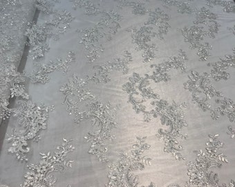 White Floral Lace Fabric, Embroidery With Sequins on a Mesh Lace Fabric By The Yard For Gown, Wedding-Bridal