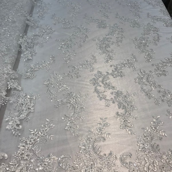 White Floral Lace Fabric, Embroidery With Sequins on a Mesh Lace Fabric By The Yard For Gown, Wedding-Bridal