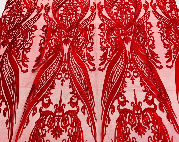 Red  Lace Fabric, Corded Lace Embroidery on a Mesh Lace Fabric By The Yard For Gown, Wedding-Bridal-Dress (Choose The Size)