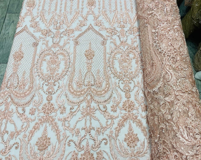 Blush Peach Beaded Fabric - by yard - Embroidered Damask Pattern With Pearls and Beads on Mesh Lace Fabric Wedding