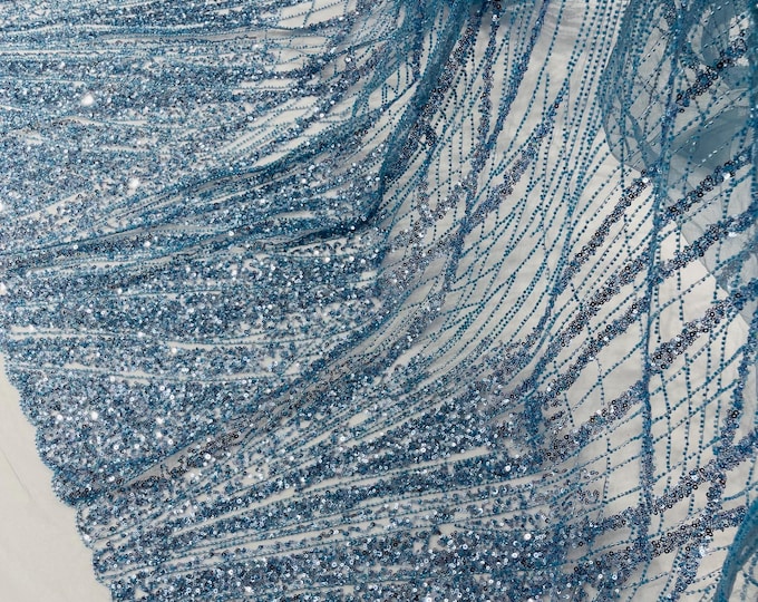 Coppen Blue Beaded Fabric Sold By The Yard, Fashion Design Beads and Sequins