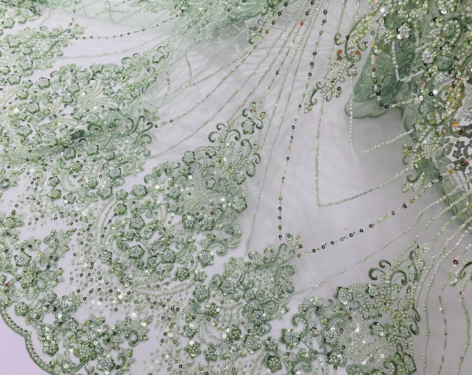 Sage Beaded Fabric By The Yard, Luxury Geometric Design Beads and Sequins, Beaded Fabric Embroidered on a Mesh Lace,Wedding,Bridal,Dres