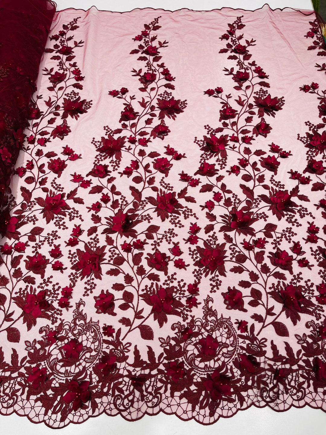 Burgundy paisley flower guipure, wedding/bridal/prom/nightgown fabric sold by the yard main image 0