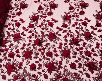 Burgundy 3D Flower-Floral Design Embroider and Beaded With Pearls On a Mesh Lace-Prom-Dresses-Nightgown-Apparel-Fashion By The Yard
