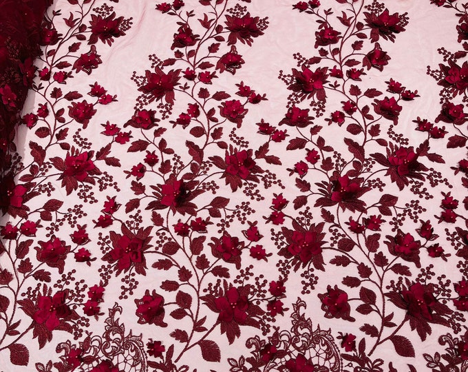 Burgundy 3D Flower-Floral Design Embroider and Beaded With Pearls On a Mesh Lace-Prom-Dresses-Nightgown-Apparel-Fashion By The Yard