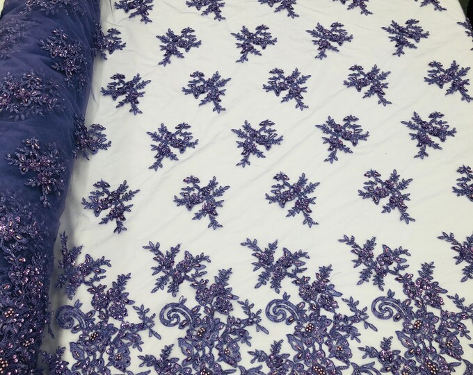 Lilac Floral Design Beaded Fabric - by the yard - Embroidered With Pearls and Beads on Mesh Lace Fabric