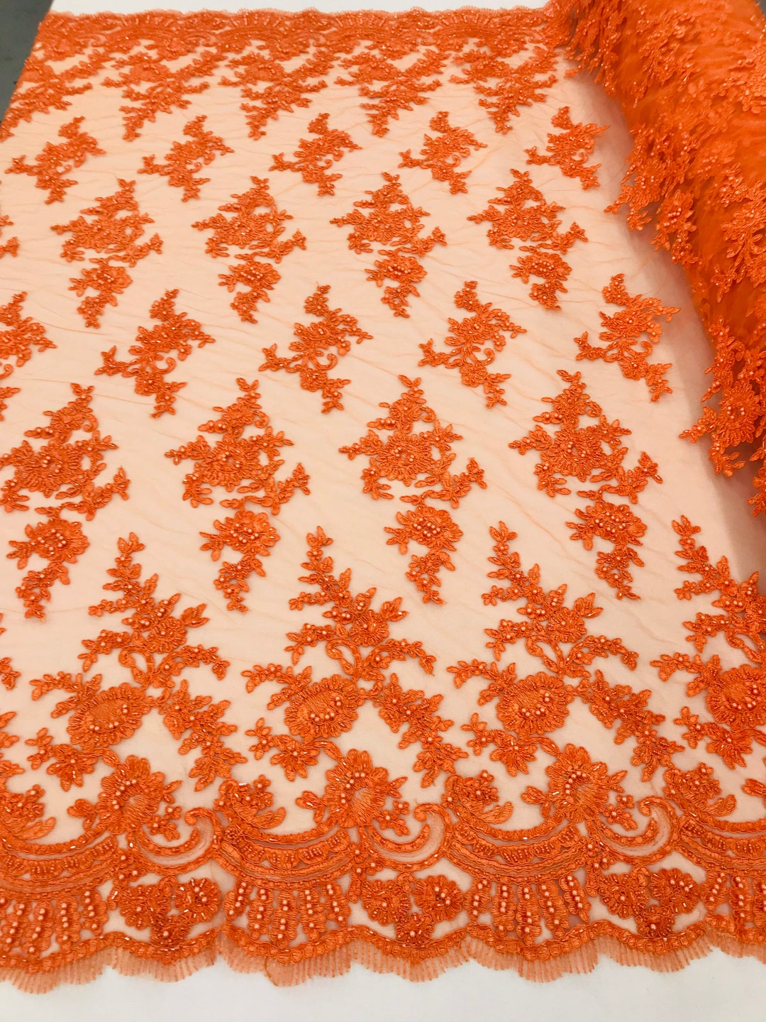Orange Beaded Fabric, Cluster Bead Fabric Embroidered Flower Beaded Fabric Wedding Bridal Lace