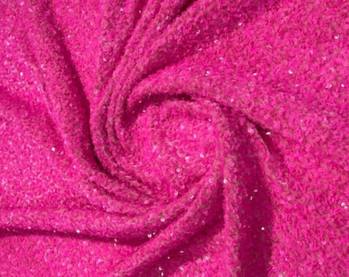 Hot Pink Sequin Fabric on Pink Stretch Velvet - by the yard - all Over 5mm Sequins Velvet 2-way Stretch 58/60”