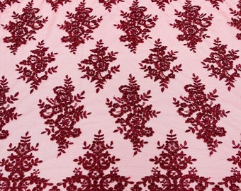 Burgundy Floral Lace Fabric: Sequined Embroidery on Mesh, Bridal Gown Fabric