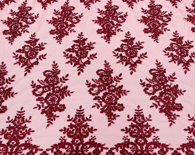 Burgundy Floral Lace Fabric - by yard - Embroidery With Sequins on a Mesh Corded Lace Fabric, For Gown - Wedding - Bridal