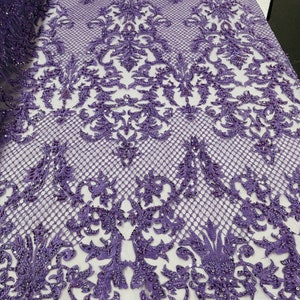 Lavender Damask Pattern Embroidered With Pearls and Beads on a Mesh - Beaded Fabric - Lace Fabric by the yard