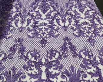 Beaded Damask Lace Fabric: Silver Embroidered Mesh, Floral Design - By The Yard