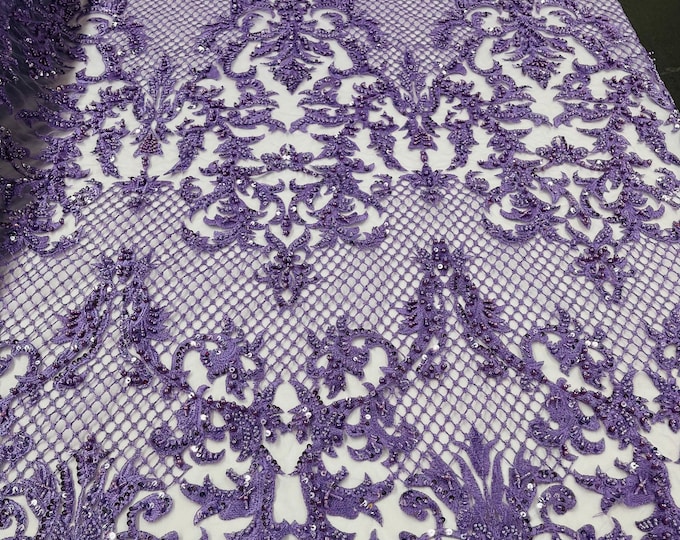 Silver Damask Pattern Embroidered With Pearls and Beads on a Mesh - Beaded Fabric - Lace Fabric by the yard