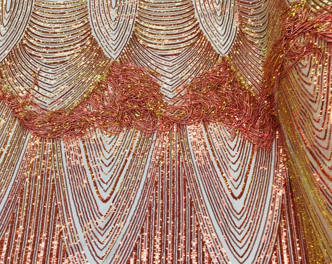 Iridescent Orange Fringe Sequins on Nude Mesh, Fringe Design Embroidered on a Mesh 4way Stretch Fancy Sequin-Prom-Gown ( Choose The Size )