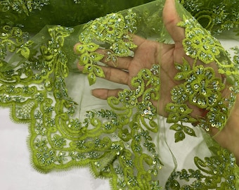 Olive Floral Cluster Beaded Fabric - Embroidered Flower Beaded Fabric Wedding Bridal Sold By The Yard