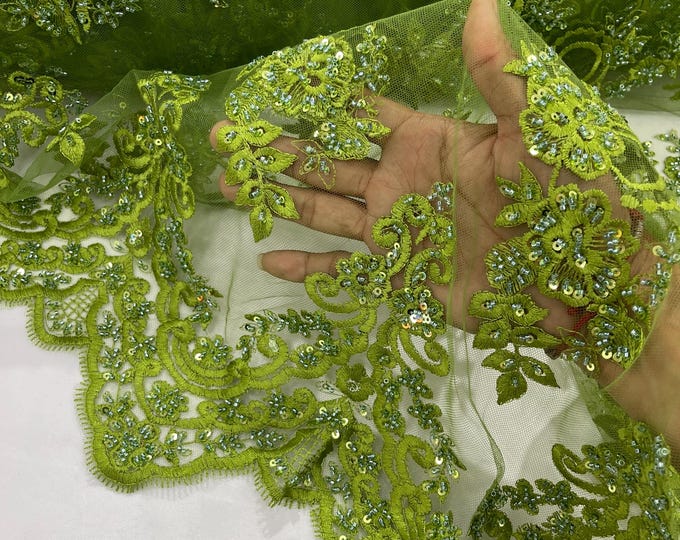Olive Floral Cluster Beaded Fabric - Embroidered Flower Beaded Fabric Wedding Bridal Sold By The Yard