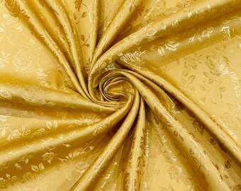 Gold Flower Brocade Jacquard Satin Fabric: 58/60" Wide Polyester, Sold By The Yard