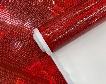 Red Viper Snake Holographic Embossed PVC, Snake Vinyl Fabric By The Yard DIY Upholstery Accessories Applications Iridescent Snake