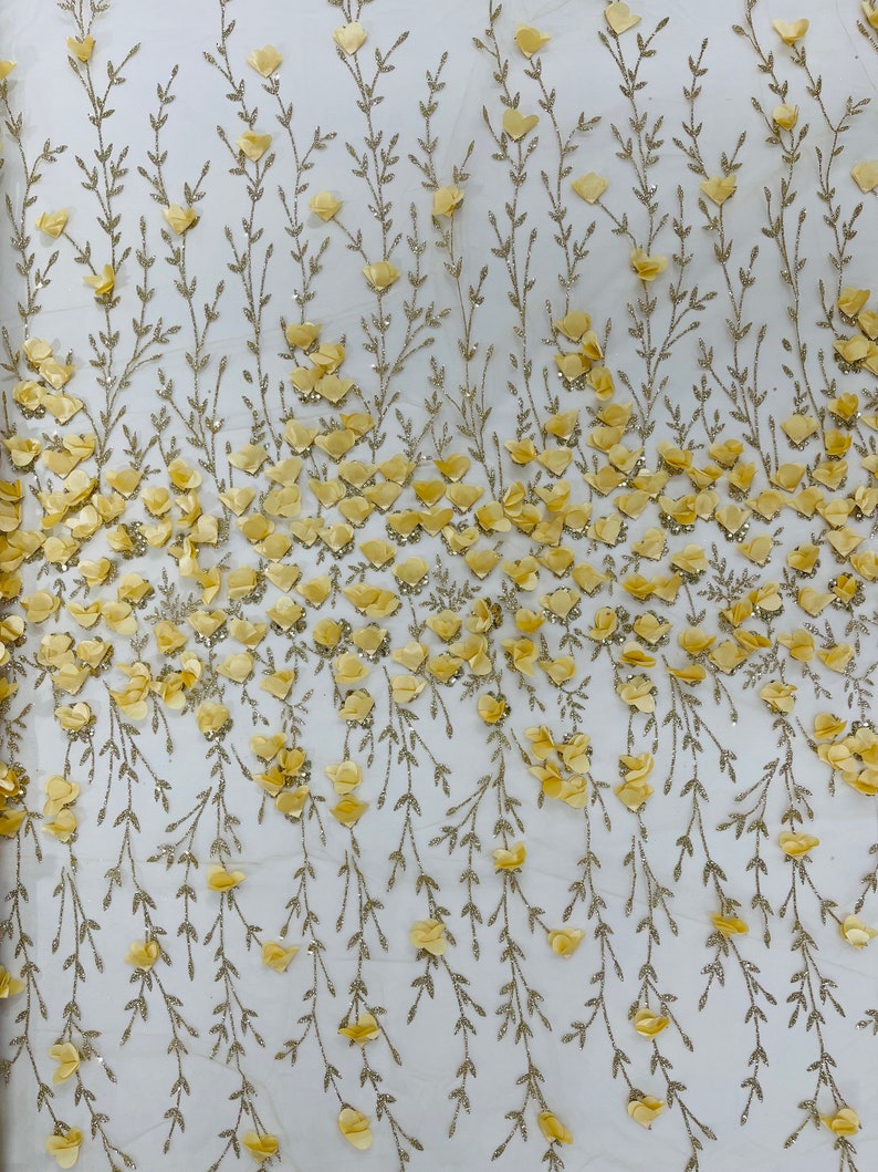 Gold 3D Flower Glitter Sequin Fabric by the Yard, Gold 3D Floral ...