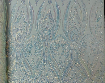 Clear Iridescent Sequin - 4 Way Stretch Fancy Big Damask Design Sequins on Spandex Mesh Prom Gala Gown Fabric By The Yard