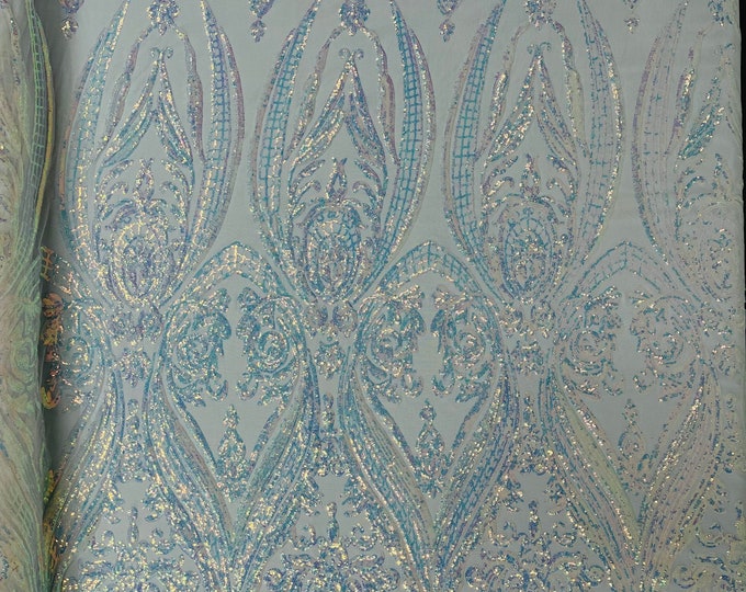 Clear Iridescent Sequin - 4 Way Stretch Fancy Big Damask Design Sequins on Spandex Mesh Prom Gala Gown Fabric By The Yard