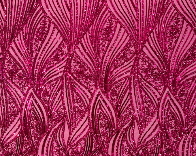 Fuchsia Sequins Fabric 4 Way Stretch on a Mesh | Embroidered Damask Design With Sequin Lace Prom-Gown by the yard