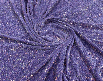 Iridescent Sequin Dark Lilac Stretch Velvet Fabric: 5mm Sequins