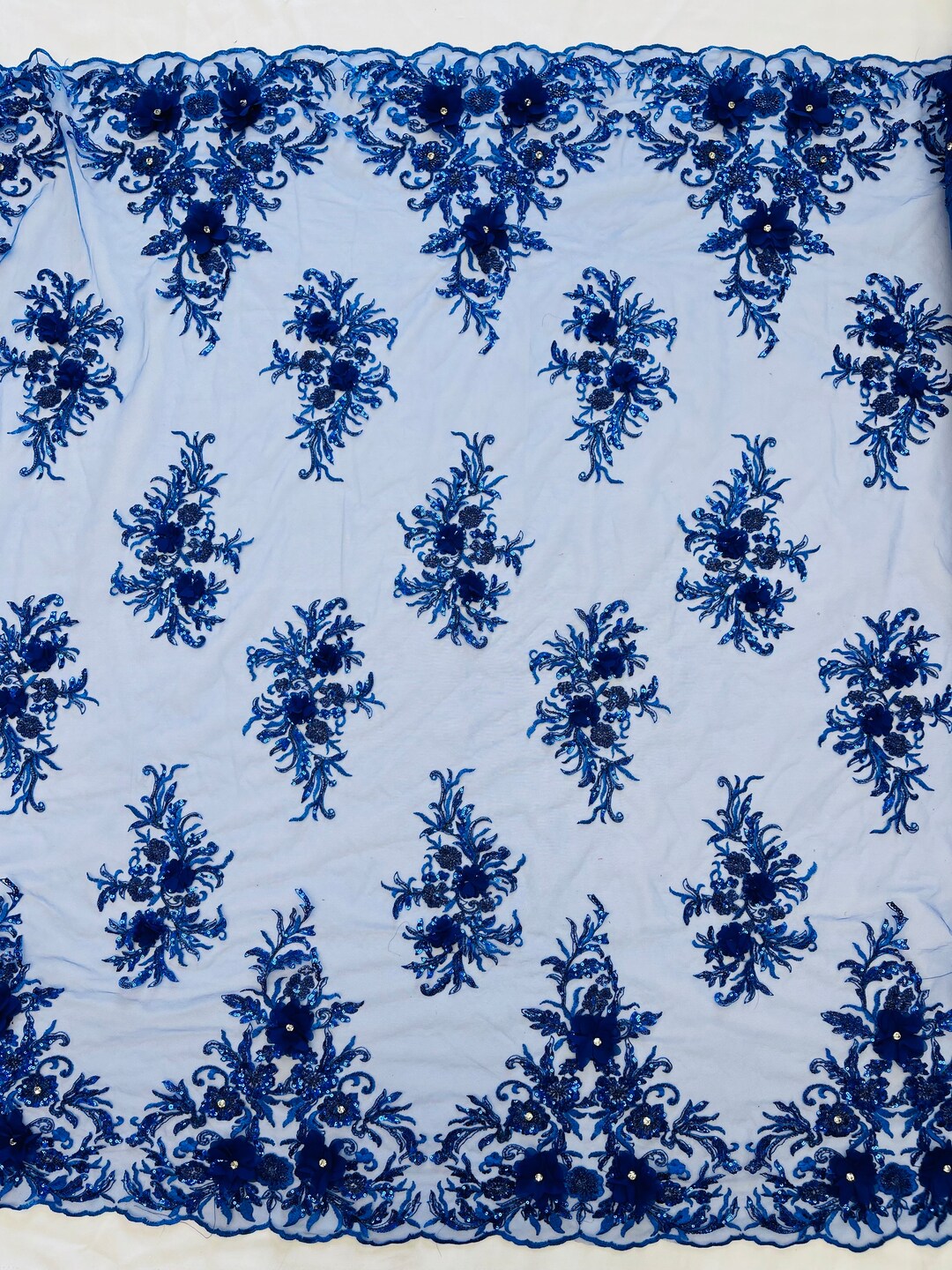 Royal blue diva design embroidery with heavy beaded on a mesh lace-sold by the yard. main image 0