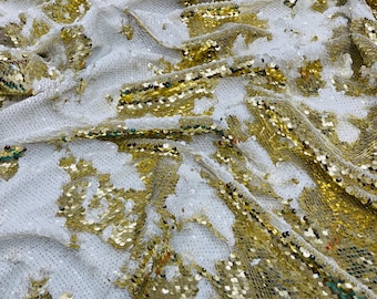 Gold/White Sequins Fabric: 2-Way Stretch Flip-Up Reversible Sequin
