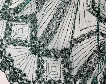 Hunter Green Beaded Lace Fabric: Geometric Embroidery on Mesh, Bridal Fabric