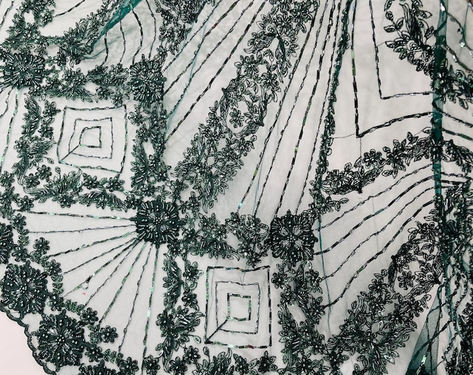 Hunter Green Beaded Geometric Pattern Beaded Fabric, by yard, Embroidery Beaded Lace Fabric, Geometric Luxury Bridal Beaded Fabric on a Mesh