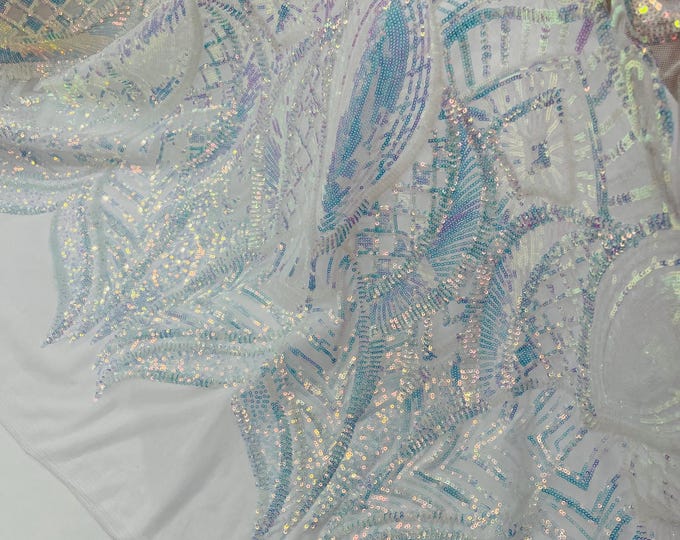 Iridescent Clear Sequin Fabric, Royalty Design Embroidered With Sequin on a Mesh 4 Way Stretch Sequin Fabric-Prom-Gown By The Yard