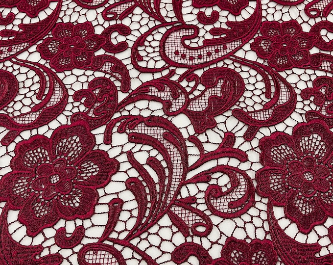 Mia Fabrics Inc, Burgundy Guipure Lace Fabric Floral Bridal Lace Guipure Wedding Dress by the Yard (Pick a Size)