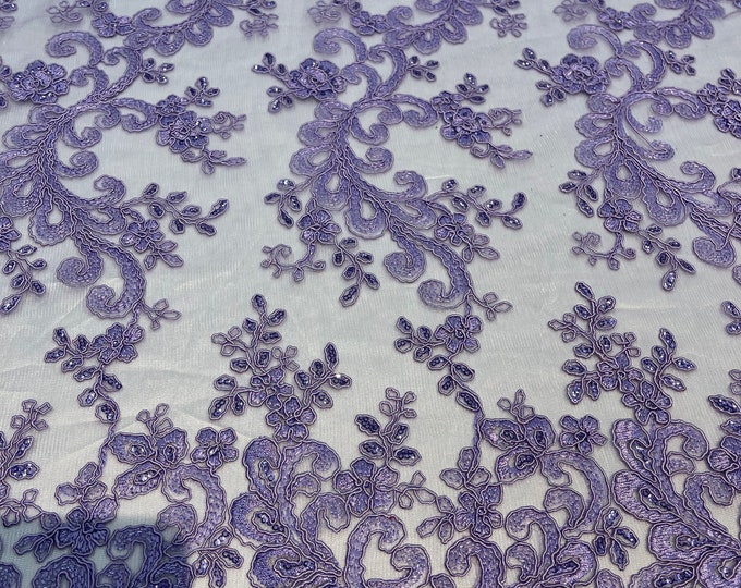 Lilac Floral Lace Fabric, Embroidery With Sequins on a Mesh Lace Fabric By The Yard For Gown, Wedding-Bridal (Choose The Quantity)