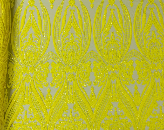 Yellow Sequin Fabric by the yard on a Mesh 4 Way Stretch - Damask Design Embroidery With Sequins (Pick a Size)