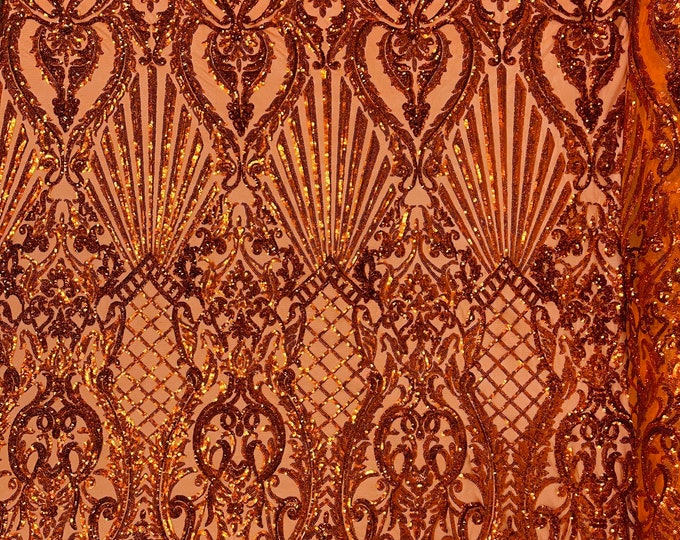 Burnt Orange Holographic Sequin Fabric, Selena Damask Design on a 4 Way Stretch Sequin Lace Mesh - Prom Gala Gown Fabric By Yard