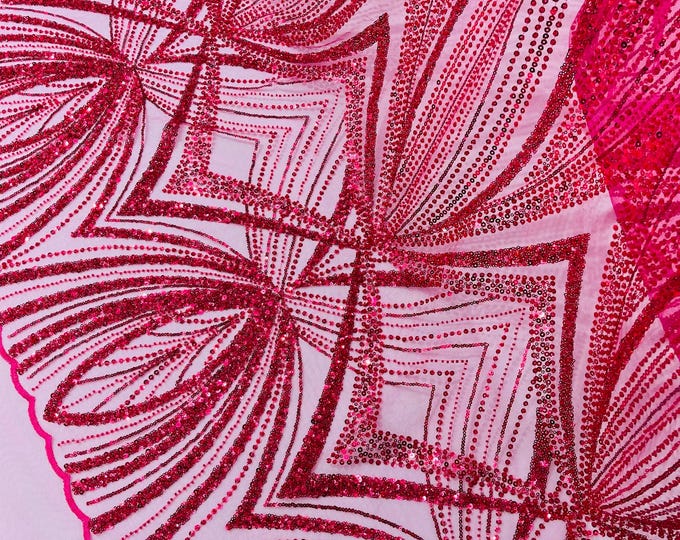 Fuchsia Beaded Lace Fabric: Embroidered Mesh, Bridal Wedding Dress - Sold By The Yard