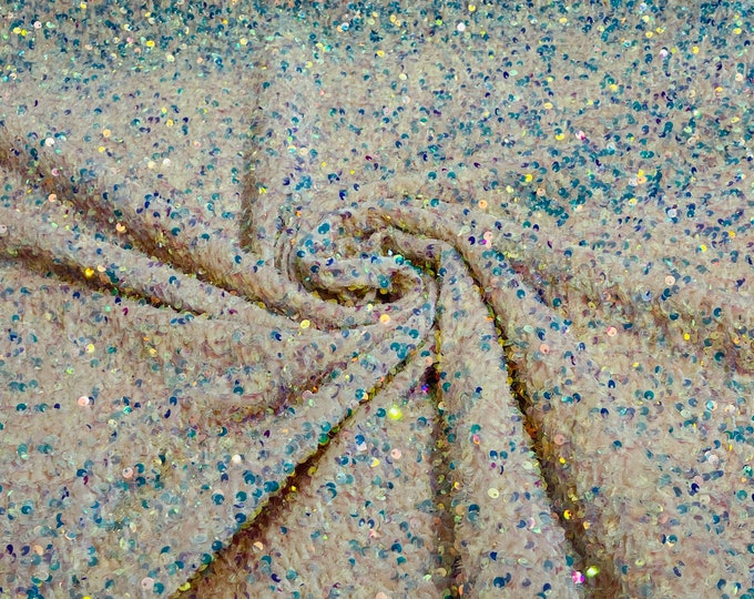 Clear Iridescent Sequin Fabric on Blush Stretch Velvet - by the yard - all Over 5mm Sequins Velvet 2-way Stretch 58/60”