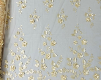 Champagne 3D Floral Design Embroider and Beaded With Pearls On a Mesh Lace-Prom-Dress By The Yard