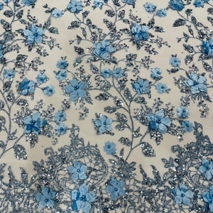 Baby Blue 3D Flower Sequin Fabric, Glitter Floral Mesh, Wedding Dress ...