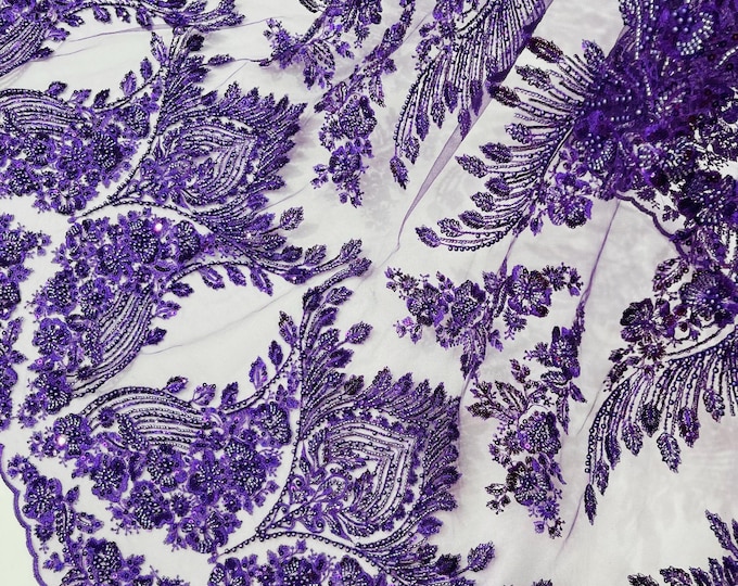 Purple Beaded Fabric: Embroidered Butterfly Pattern, Bridal Wedding Fabric